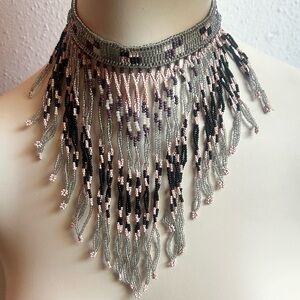 Beaded fringe vintage boho festival necklace